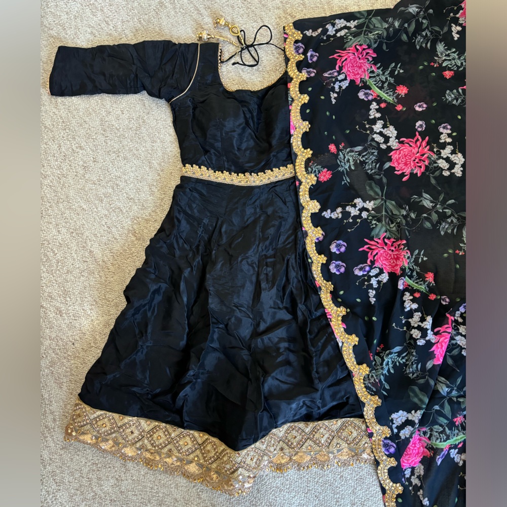 Black Anarkali with Floral Chunni and Pajami